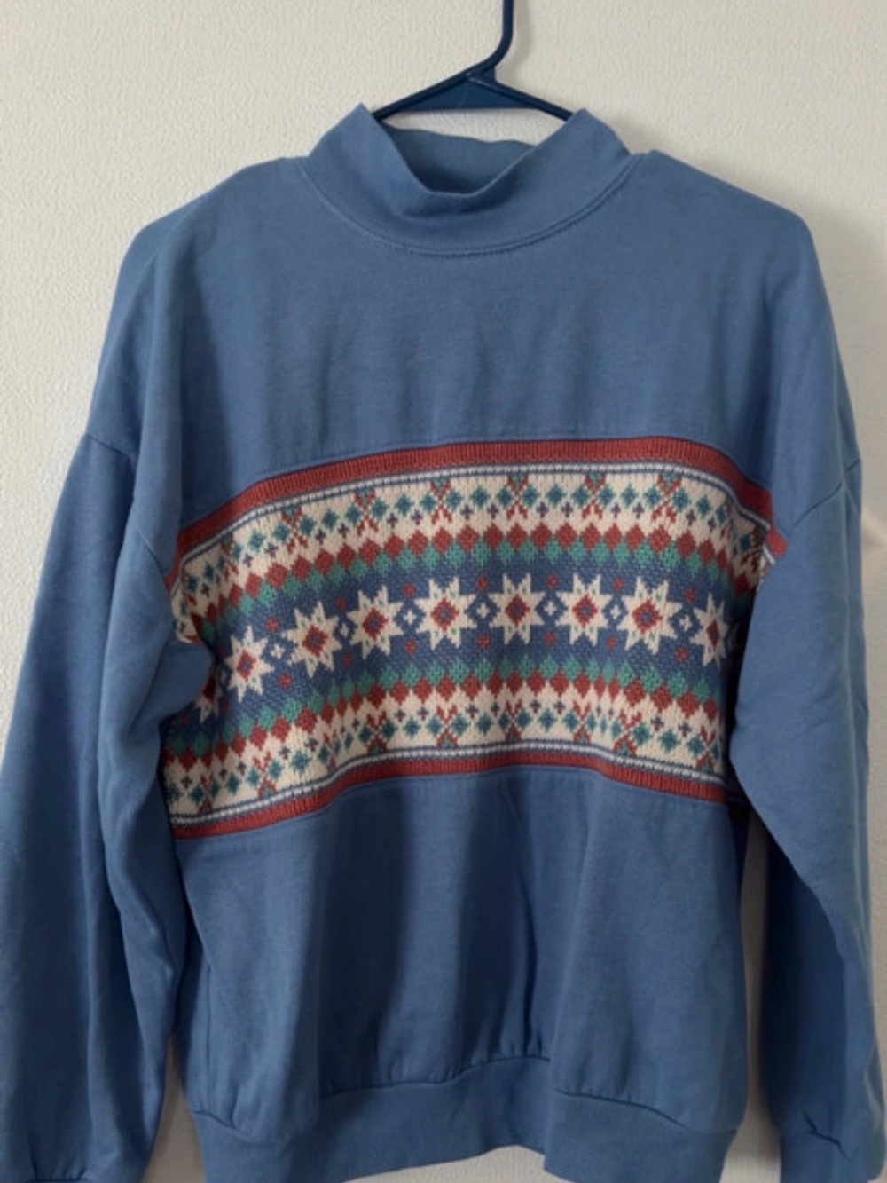 Blue Fair Isle Mock Neck Vintage Sweater - Women